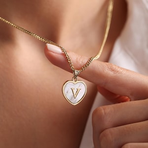 Personalized Mother of Pearl Initial Necklace: Beaded Heart Pendant