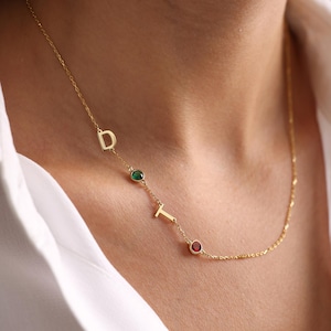 Initial Birthstone Necklace, Sideways Letter Necklace,Dainty Gemstone Pendant,Personalized Jewelry, Gift for Mom, Christmas or Birthday Gift