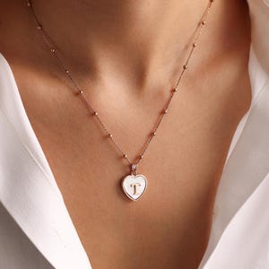 Personalized Mother of Pearl Initial Necklace: Beaded Heart Pendant