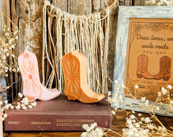 Caja para velas de cera vegetal - Velas Santiag para San Valentín - Dúo para ella y para él, Decoración boho, Regalo para pareja, Fresa silvestre - Cuero y madera
