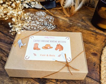 Set de regalo perfumado estilo boho western: lámpara colgante aromática y pastillas de cera de soja. Aroma a cuero y madera. Ideal para vaqueras.
