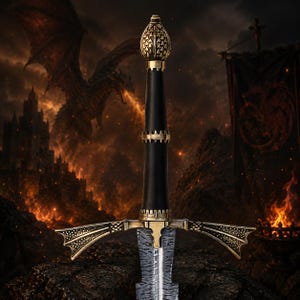 May include: A sword with a patterned Damascus steel blade and a black handle. The hilt features an ornate brass-colored pommel and a crossguard with textured, wing-like extensions. The metal components have a weathered, antique brass finish.