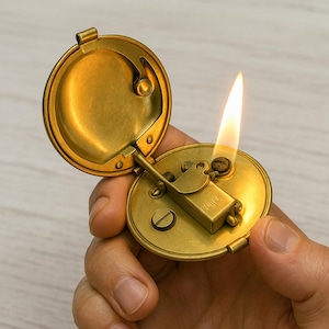 Vintage Brass Pocket Lighter: Round Gold Kerosene Style, Refillable