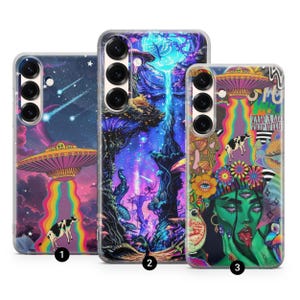 Psychedelic Phone Case Trippy UFO, Mushroom, for Samsung S25 Ultra S24 S23 S22, A56 A55 A35, iPhone Pro Max 17 16 15 14 13 , Pixel 10 8A 7