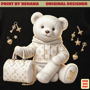 May include: A white teddy bear wearing a hoodie and holding a handbag, both with a repeating gold pattern. Gold charms in the shape of keys, stars, and hearts are scattered around the bear. The text "PRINT BY REHANA ORIGINAL DESIGNER" is at the top.