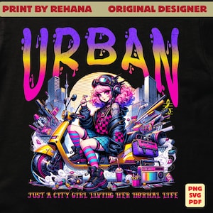 Puede incluir: Camiseta negra con un gráfico colorido de una chica en un scooter amarillo con la palabra "URBAN" en letras grandes y vibrantes. La imagen incluye el texto "JUST A CITY GIRL LIVING HER NORMAL LIFE."