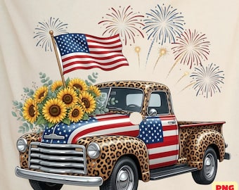 4th of July Vintage Truck PNG, Patriotic Sunflower Truck SVG, American Flag Fireworks Design, Independence Day Sublimation ,Instant