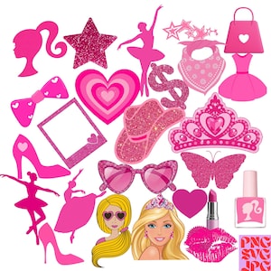 May include: A collection of pink glittery and solid pink illustrations, including a star, heart-shaped sunglasses, a cowboy hat, a tiara, a butterfly, a purse, a dress, a lipstick, a nail polish bottle, and two cartoon women.