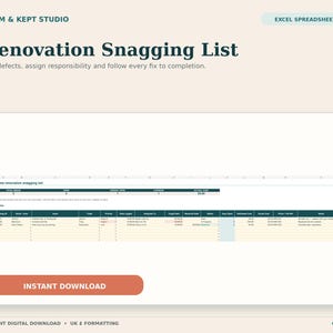 Peut inclure: Un modèle de feuille de calcul Excel pour le suivi des travaux de rénovation par Calm & Kept Studio. L'interface comprend un tableau de bord pour enregistrer les défauts, avec des colonnes pour l'ID, la pièce, le problème et le coût réel.