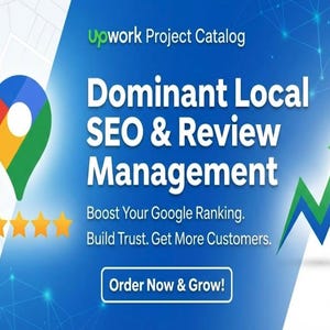 May include: A blue graphic promoting SEO and review management services. The image features a map pin icon, five gold stars, and an upward trending arrow. Text includes "Dominant Local SEO & Review Management" and "Order Now & Grow!"