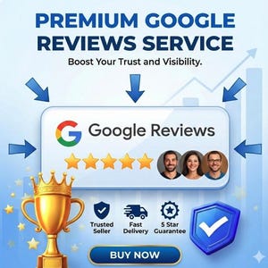 May include: An advertisement promoting Google Reviews services. The image features the Google logo, five gold stars, and the words "Premium Google Reviews Service." Additional icons include a trophy, a shield, and a delivery truck. The text "Buy Now" is also present.