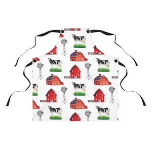 Farmhouse Kitchen Apron | Red Barn, Dairy Cow & Windmill | Rustic Homestead Kitchen Gift