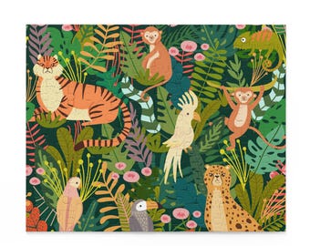 May include: A colourful jigsaw puzzle depicting a jungle scene with a tiger, monkey, parrot, and cheetah. The puzzle has a dark green background with various plants and flowers. The animals are in shades of orange, yellow, and brown.