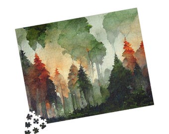 Autumn Watercolor Forest Puzzle | Cozy Nature Jigsaw | Fall Landscape Puzzle | Cottage Style Gift | Relaxing Woodland Scene