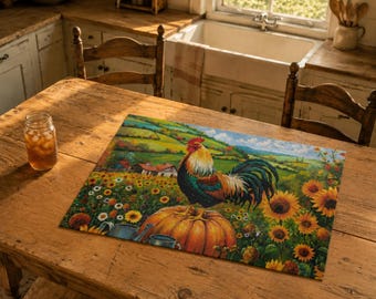 Bauernhaus Hahn Puzzle | Sonnenblumen & Kürbisse rustikale Herbstlaub | 520 Stück