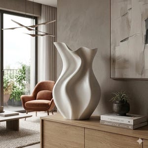 May include: A large, white ceramic vase with a flowing, organic design. The vase has a wide, wavy opening and a smooth, matte finish. It is displayed on a wooden cabinet in a modern living room setting. The vase is approximately 24 inches tall.