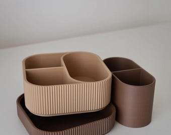 3D Printed Stackable Makeup Organizer: Modern Minimalist Ribbed Vanity Tray