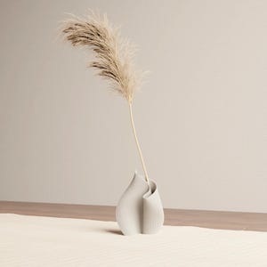May include: A modern, off-white vase with a unique, curved design, holding a tall, dried ornamental grass. The vase has vertical lines and sits on a cream-colored rug. The background is a neutral beige.
