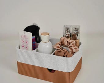 Ribbed Makeup Organizer with Drawer - Minimalist Vanity Caddy for Brushes, Skincare & Cosmetics