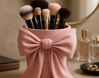 Coquette Bow Makeup Brush Holder – Elegant Sculptural Vanity Organizer, Girly Room Decor