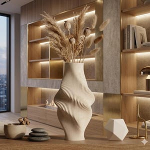 3D Printed Spiral Vase | Modern Geometric Sculptural Flower Pot, Dried Stems Home Decor