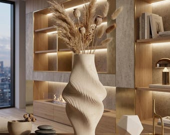 3D Printed Spiral Vase | Modern Geometric Sculptural Flower Pot, Dried Stems Home Decor