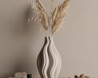 Sculptural Wavy Vase, Matte White Nordic Flower Vessel, Ribbed Centerpiece