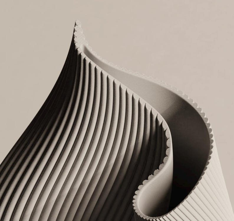 May include: Abstract image of a beige, curved, ridged structure with a pointed top. The design features vertical lines and a scalloped edge, creating a sense of depth and texture. The overall aesthetic is minimalist and modern.
