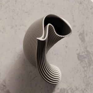 May include: A modern, abstract vase in shades of gray. The vase has a unique, curved shape with vertical ridges and a scalloped edge. The interior is dark, creating a contrast with the light exterior. The design is minimalist and sculptural.