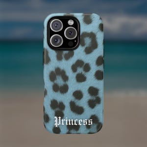 Blue Princess Cheetah Phone Case Leopard Fur Glossy Protective 2000s for iPhone 15 14 13 12 11 Pro Max Samsung S25 S23 S22 Pixel 9 8 7 6 Y2K