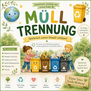 Peut inclure: Une affiche éducative intitulée MÜLL TRENNUNG illustrant une Terre souriante, une poubelle jaune et deux enfants triant des déchets dans des bacs jaune, marron, bleu et noir. Le visuel comporte du texte, des icônes et des listes d'activités.
