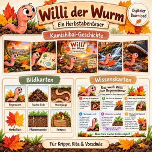 Puede incluir: Un conjunto educativo de descarga digital titulado Willi der Wurm Ein Herbstabenteuer que incluye tarjetas de cuentos ilustradas y tarjetas de conocimiento sobre lombrices, hojas de otoño, tierra y naturaleza.