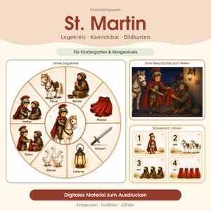 Op de afbeelding: Een digitale educatieve set over Sint-Maarten met een cirkelvormig diagram met illustraties van een paard, bedelaar, rode mantel, zwaard, lantaarn, ganzen en scènes van helpen en delen. Bevat een verhaalpaneel en een telgedeelte met de cijfers één tot en met vier.