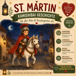Puede incluir: Una descarga digital de una historia Kamishibai de San Martín para escuelas. La ilustración muestra a una persona con armadura romana montando un caballo blanco en una ciudad medieval de noche. El texto incluye 'ST. MARTIN KAMISHIBAI GESCHICHTE' y detalles sobre las 8 tarjetas ilustradas.
