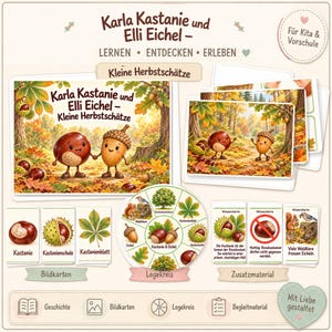 May include: An educational set titled Karla Kastanie und Elli Eichel - Kleine Herbstschätze featuring illustrated cards, a circular learning wheel, and informational sheets. The set includes depictions of chestnuts, acorns, leaves, and forest animals with German text labels throughout the materials.