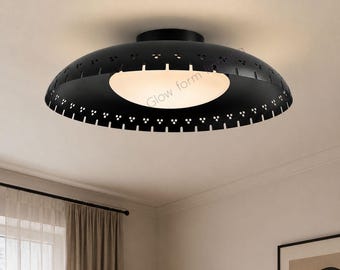 Perforated Brass Globe Flush Mount Ceiling Light, Mid Century Modern Fixture Black Flush Mount