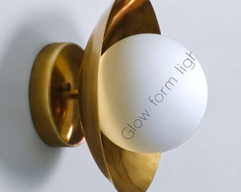 Handcrafted Raw Brass Mid Century Modern Sconce, Milky Glass Globe Wall Lamp