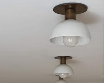 Mid Century Modern Brass Flush Mount Light | White Dome Ceiling Fixture