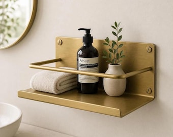 Modern Solid Brass Floating Shelf | Minimalist Bathroom Wall Shelf | gold Kitchen Storage Shelf | brass book shelf décor