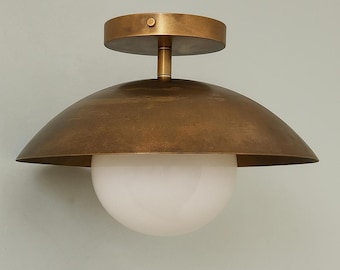 Mid-Century Modern Flush Mount Ceiling Light | Brass Glass Globe Chandelier | Minimalist Rustic Lighting Fixture