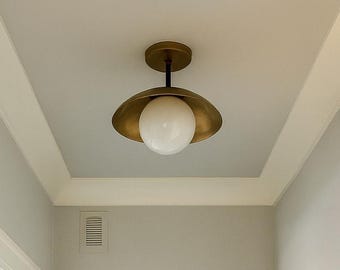 Mid-Century Modern Flush Mount Ceiling Light | Brass Glass Globe Chandelier | Minimalist Rustic Lighting Fixture