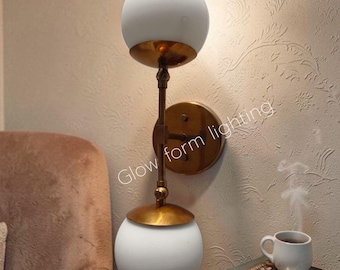 Modern Double Globe Wall Sconce | Brass Wall Light Fixture | Handcrafted Bedroom Lighting | Mid-Century Bathroom Vanity Light Decor