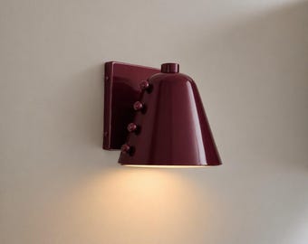 Mid Century Brass Wall Sconce, Burgundy Cone Shade Wall Light, Vintage Brass Wall Lamp, Modern Bedside Sconce Fixture