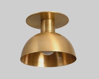 1950s Mid-Century Modern Brass Dome Ceiling Light | Antique Patina Flush Mount Fixture | Vintage Minimalist Kitchen Hallway Lighting Decor