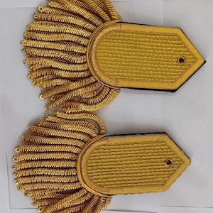 Puede incluir: Un par de charreteras doradas, con un diseño detallado con elementos en forma de cordón, enrollados con fuerza. Las charreteras tienen forma rectangular con un extremo puntiagudo y un pequeño agujero.