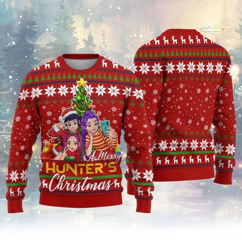 Discover Christmas Huntrlx Ugly Sweater, Pixel Girls Xmas Sweater Kpop, Demon Hunter Sweatshirt