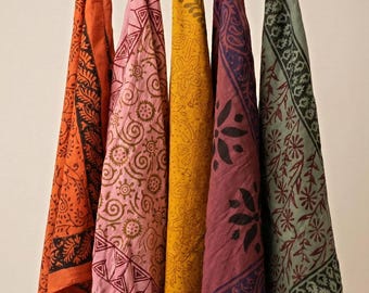 Set of 5 Hand Block Print Cotton Bandanas | Boho Floral Bandana Scarves | Multicolor Head Scarf Set | Handmade Neck & Hair Wraps