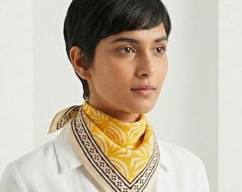Mustard Yellow Nature Bandana with Traditional Hand-Block Print Trim | Cotton Head & Neck Scarf, Boho Kerchief | Unisex Style Accessory