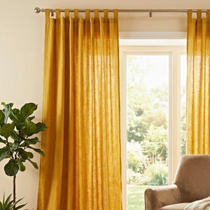 Mustard Yellow Linen Curtains with Tab Top – Sheer Boho Drapes, Living Room, Bedroom, Farmhouse Window Treatment | Panels for Cozy Interiors