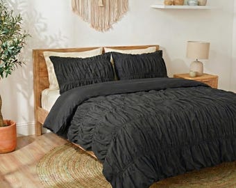 Solid Black Wrinkled Cotton Duvet Cover, Soft Textured Bedding, Aesthetic Bedroom Decor | Breathable Minimal Bedding, Farmhouse Chic